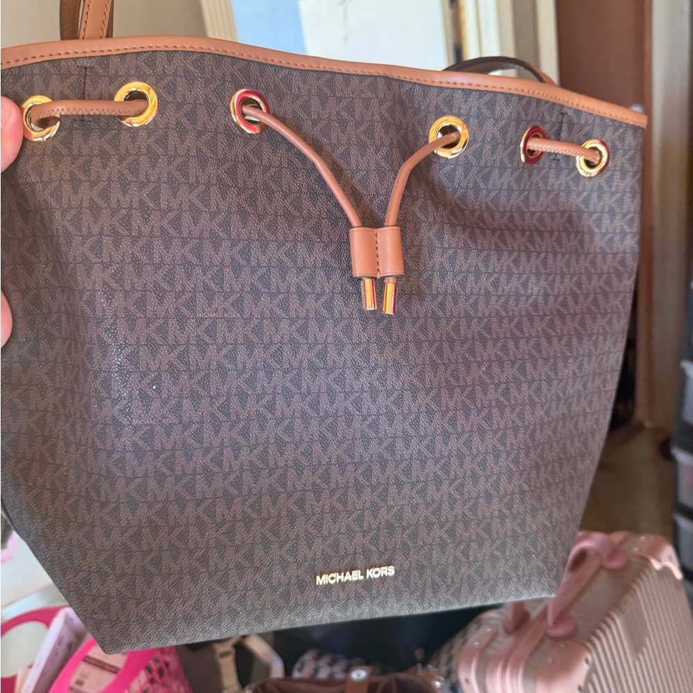 Michael Kors Brown Monogram Drawstring Shoulder Bag